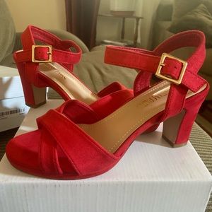 Dream Pairs - Red Suede Open Toe Ankle Strap Chunky Heel Pump